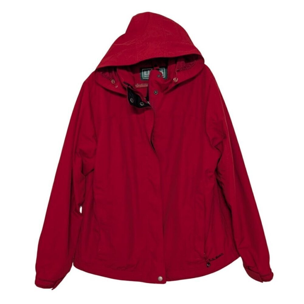 LL Bean Windbreaker Hooded Jacket Womens Size Medium Red Nylon Full Zip Outdoor